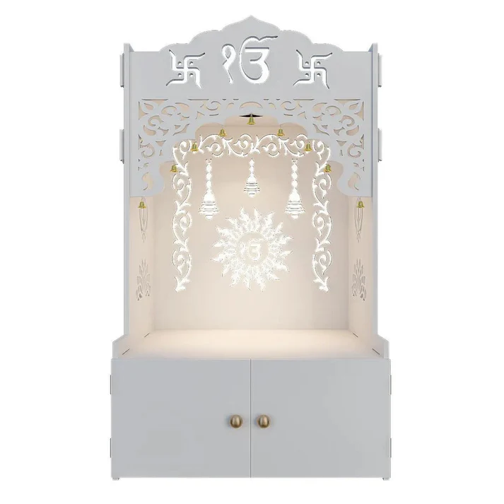 White Wooden Pooja Mandir with Ik Onkar & Swastik Design – Elegant Arch & Storage Cabinet - Image 4