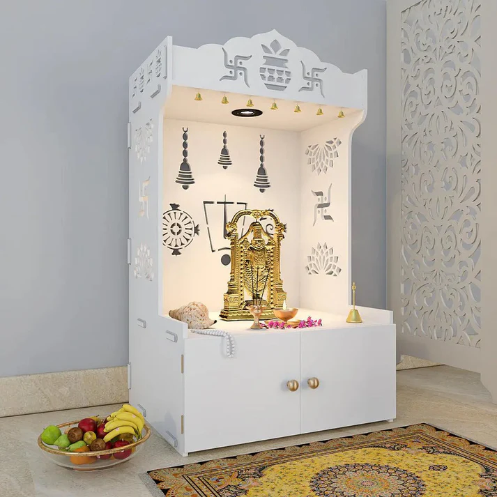 Mirrikal Mandir – White Wooden Floor Pooja Mandir with Kalash & Swastik Laser Design & Storage Cabinet - Image 2