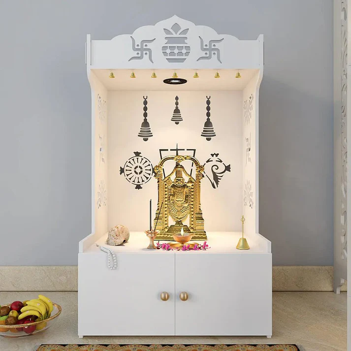 Mirrikal Mandir – White Wooden Floor Pooja Mandir with Kalash & Swastik Laser Design & Storage Cabinet - Image 5