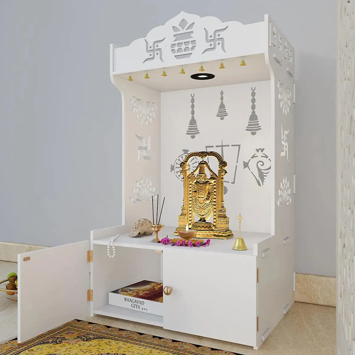 Mirrikal Mandir – White Wooden Floor Pooja Mandir with Kalash & Swastik Laser Design & Storage Cabinet - Image 3