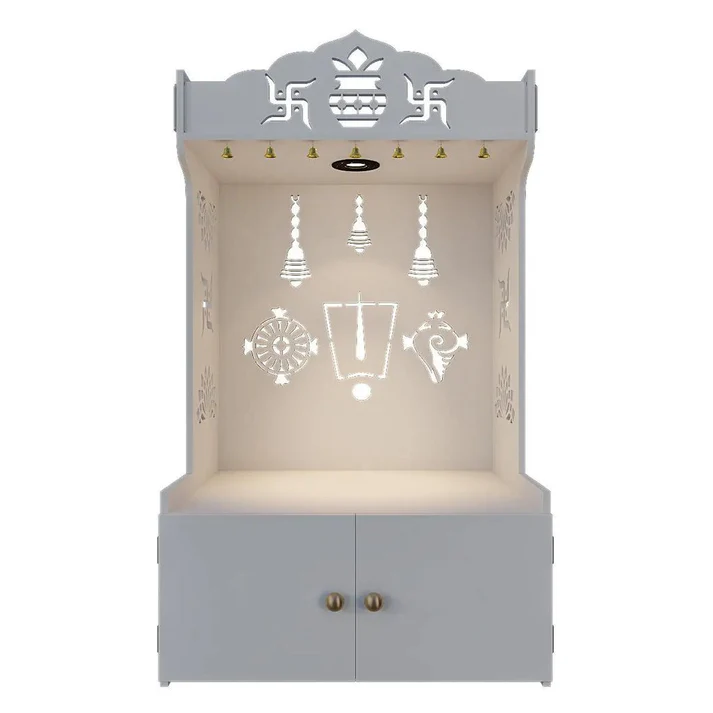 Mirrikal Mandir – White Wooden Floor Pooja Mandir with Kalash & Swastik Laser Design & Storage Cabinet - Image 4