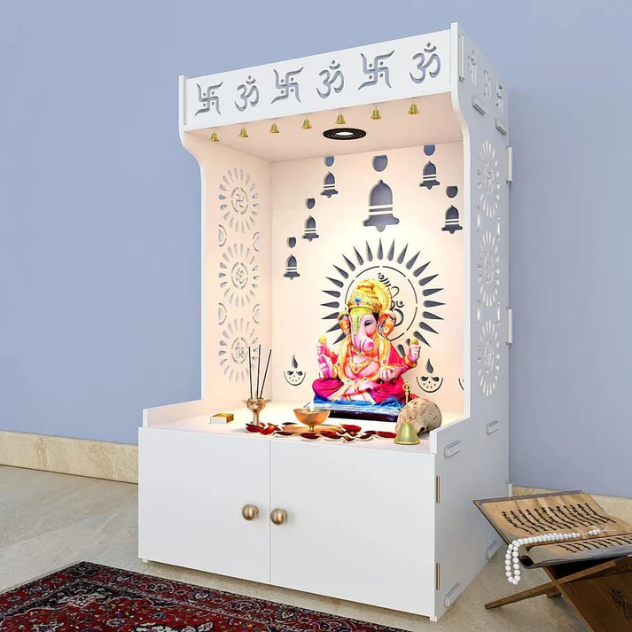 Elegant Wooden Pooja Mandir with Om & Swastik Design | Laser-Cut Back Panel Bell Motifs & Storage Cabinet - Image 2