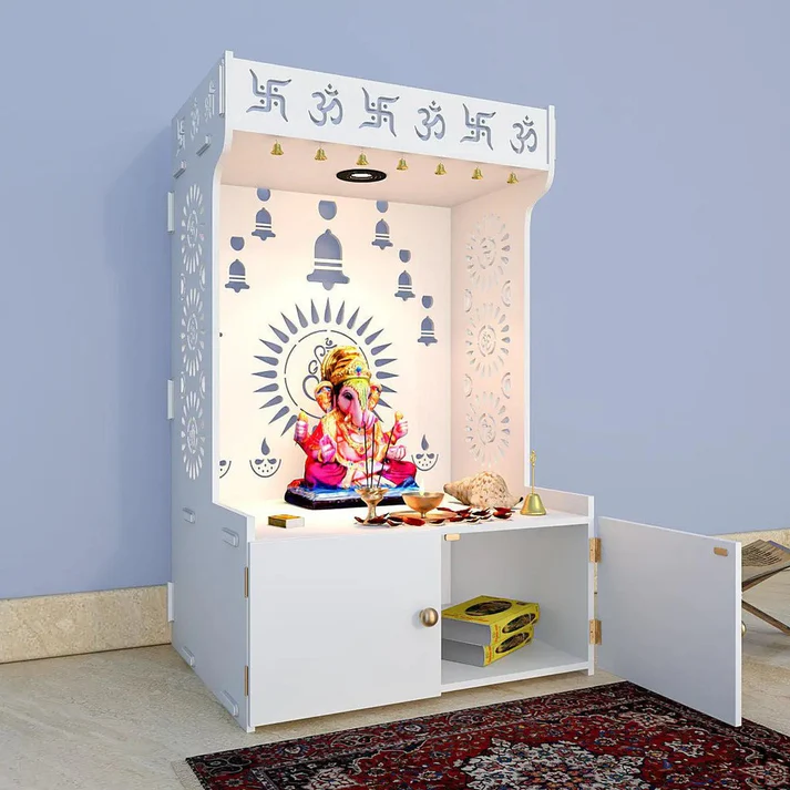 Elegant Wooden Pooja Mandir with Om & Swastik Design | Laser-Cut Back Panel Bell Motifs & Storage Cabinet - Image 3