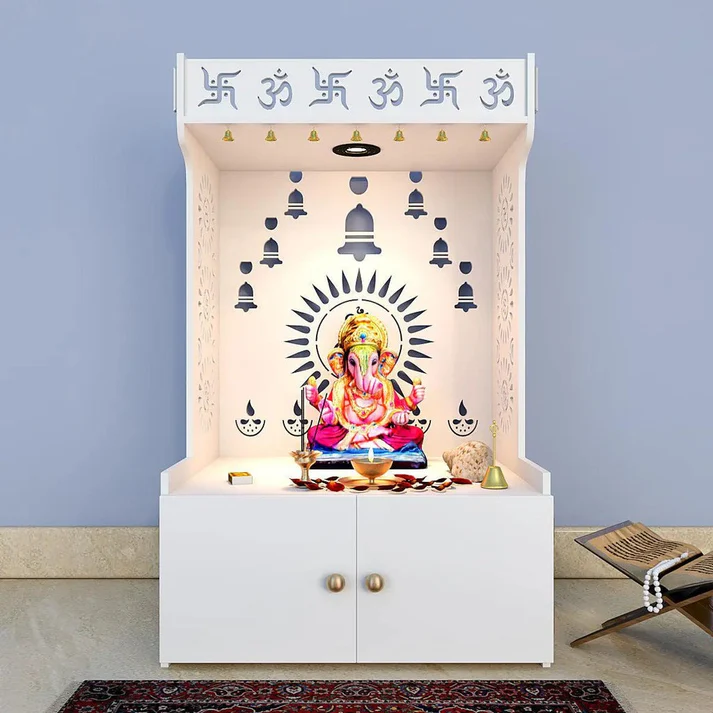 Elegant Wooden Pooja Mandir with Om & Swastik Design | Laser-Cut Back Panel Bell Motifs & Storage Cabinet - Image 5
