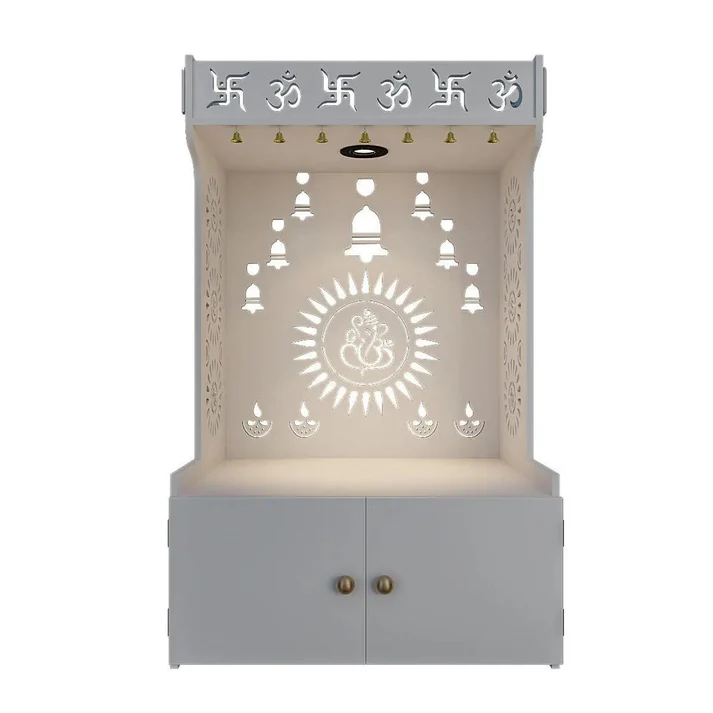 Elegant Wooden Pooja Mandir with Om & Swastik Design | Laser-Cut Back Panel Bell Motifs & Storage Cabinet - Image 4