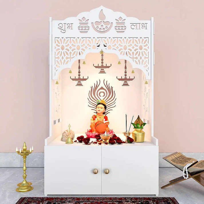 White Wooden Pooja Mandir with Shubh Labh Design & Storage Cabinet - Image 5