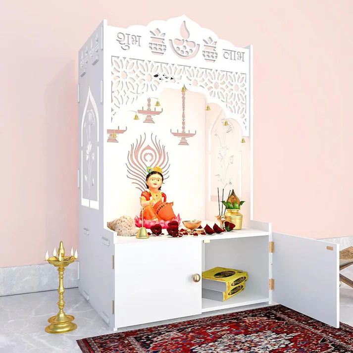White Wooden Pooja Mandir with Shubh Labh Design & Storage Cabinet - Image 2