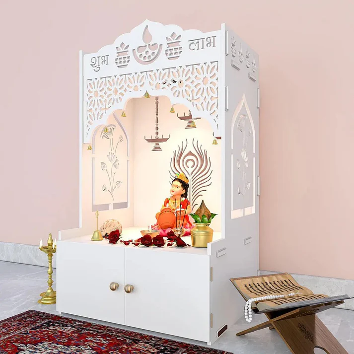 White Wooden Pooja Mandir with Shubh Labh Design & Storage Cabinet - Image 3
