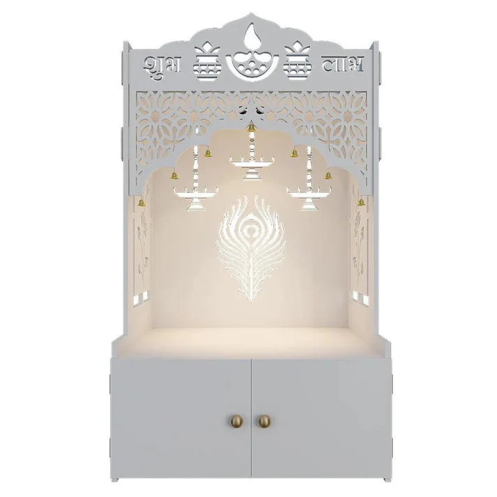 White Wooden Pooja Mandir with Shubh Labh Design & Storage Cabinet - Image 4