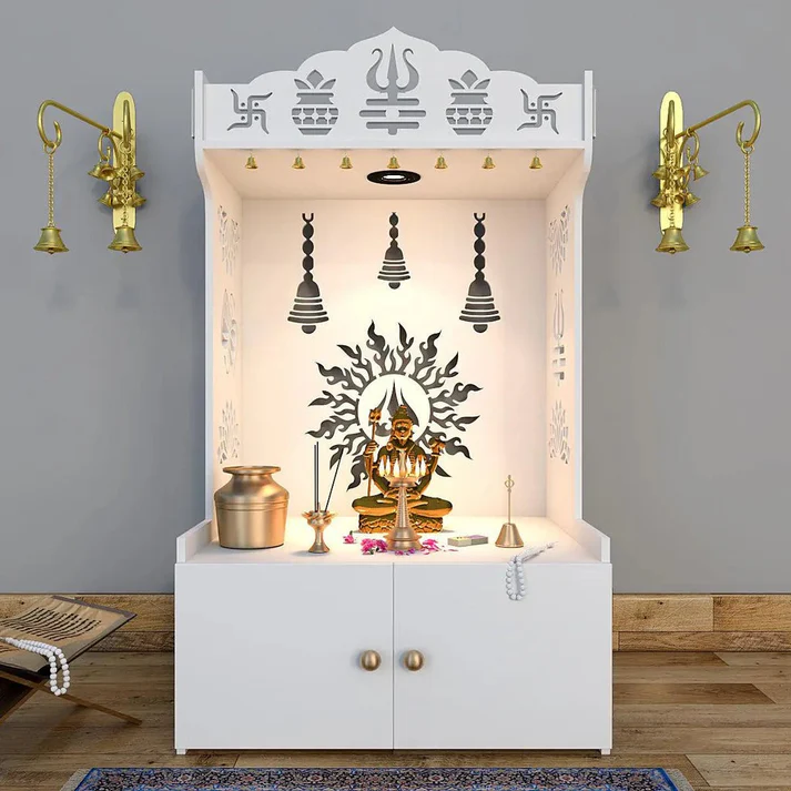White Wooden Floor Pooja Mandir with Trishul Kalash Design and Storage Cabinet