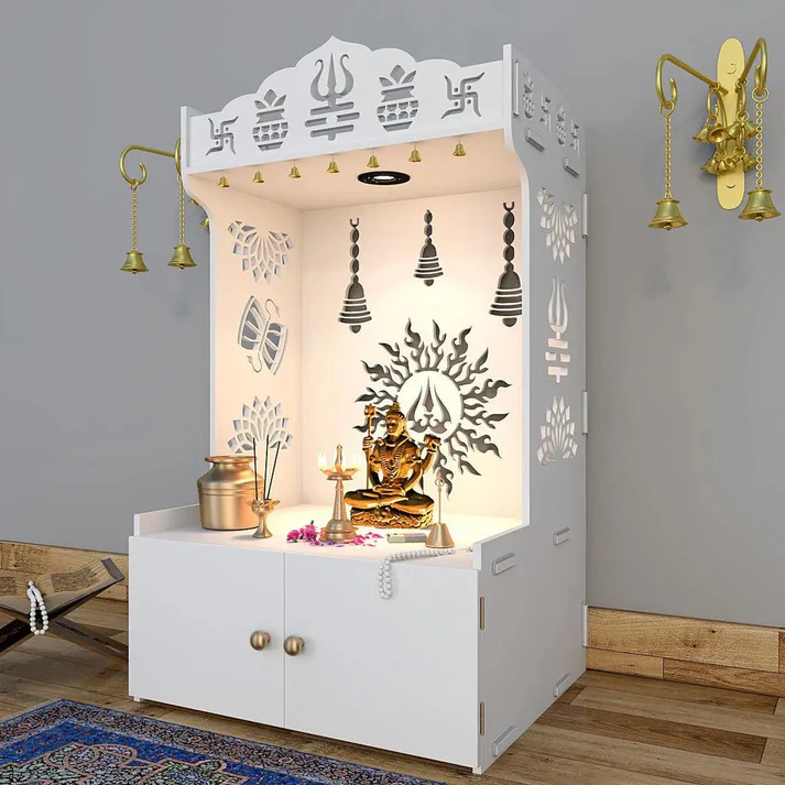 Mirrikal Mandir – White Wooden Floor Pooja Mandir with Trishul & Kalash Laser Design & Storage - Image 3