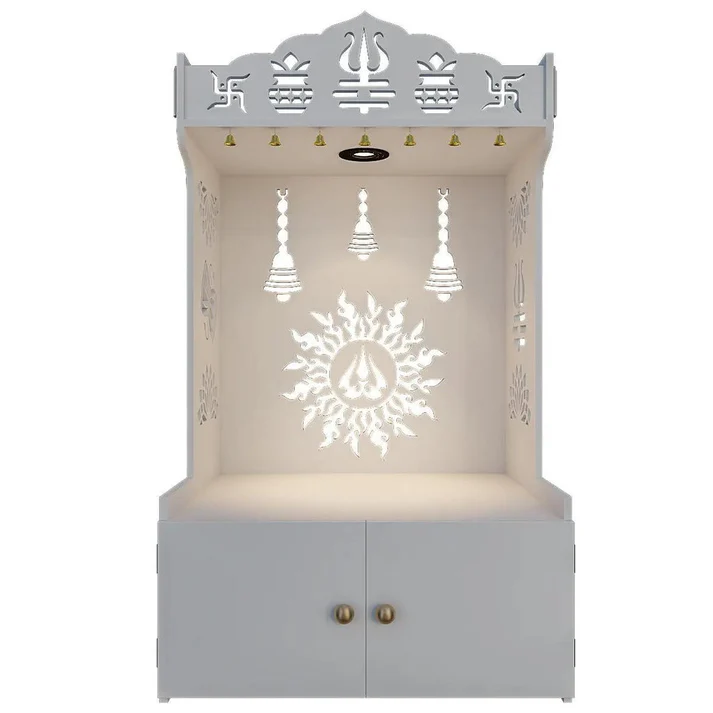 Mirrikal Mandir – White Wooden Floor Pooja Mandir with Trishul & Kalash Laser Design & Storage - Image 4